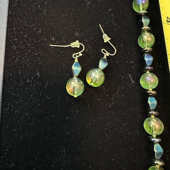 Handcrafted earrings and necklace set blue/yellow/green accents - Picture 4 of 9